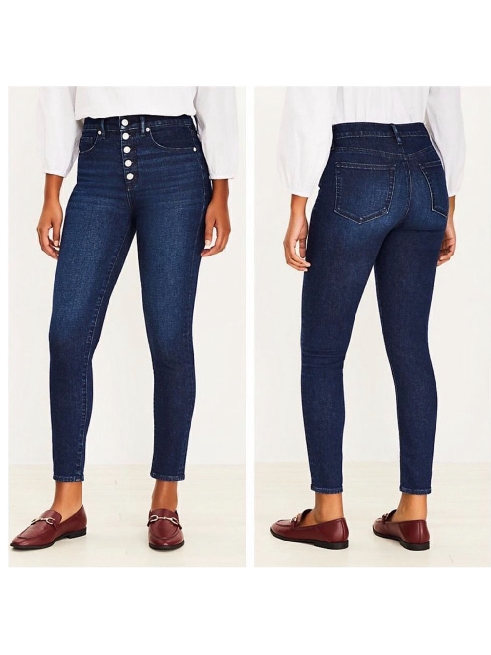 LOFT Dark Indigo High-Rise Button-Fly Skinny Jeans